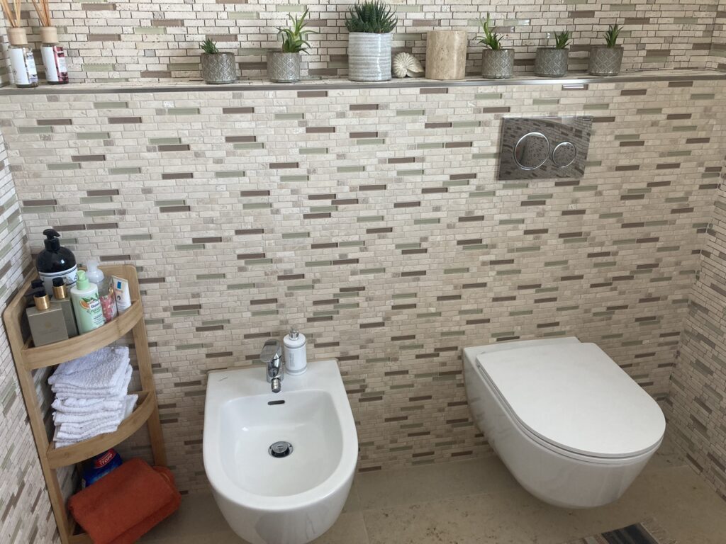 Badezimmerwand hinter WC und Bidet mit Mosaikverkleidung